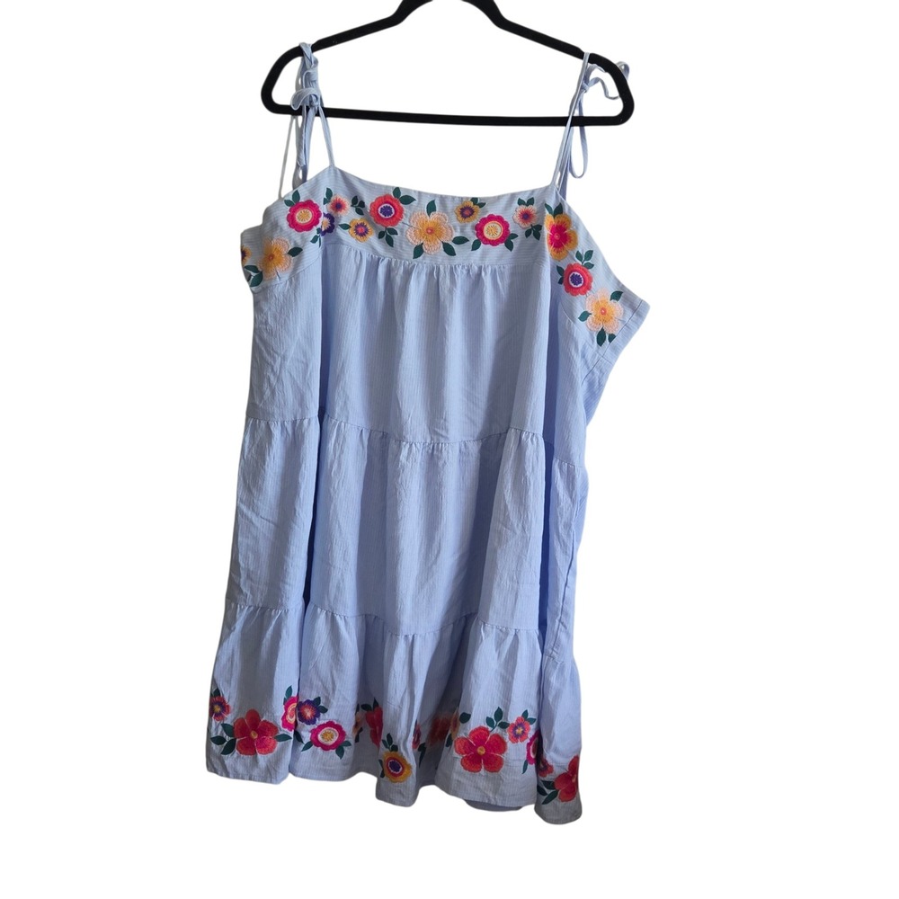 Savanna Jane Dress 2XL Plus Mini Blue Pinstripeโ Floral Embroidered Tiered
